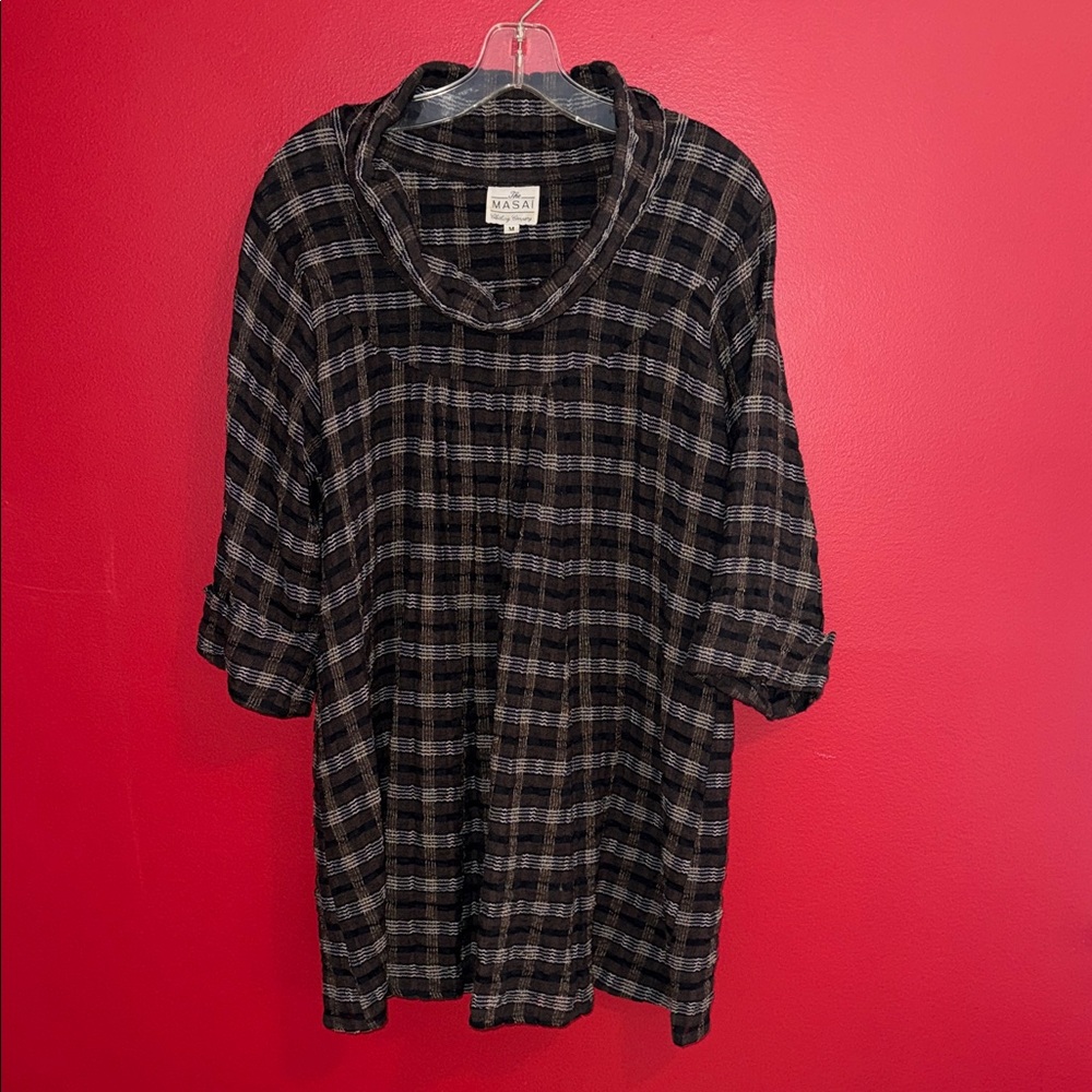 The Masai Clothing Company Cowl Neck Plaid Lagenlook Tunic or Mini Dress M